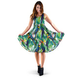 Colorful Parrot Exotic Flower Leaves Sleeveless Midi Dress