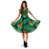 Heliconia Flower Palm Monstera Leaves Black Background Sleeveless Midi Dress