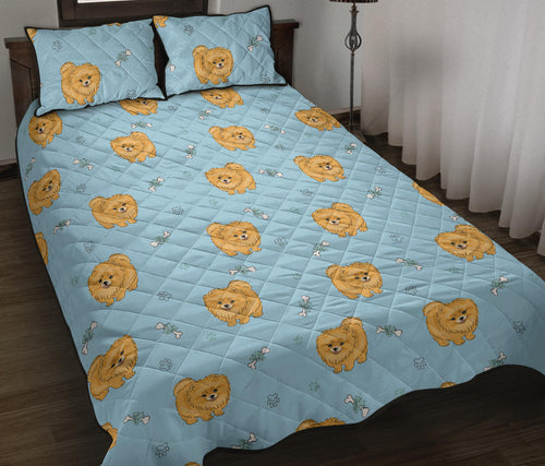 Brown cute pomeranian blue blackground Quilt Bed Set