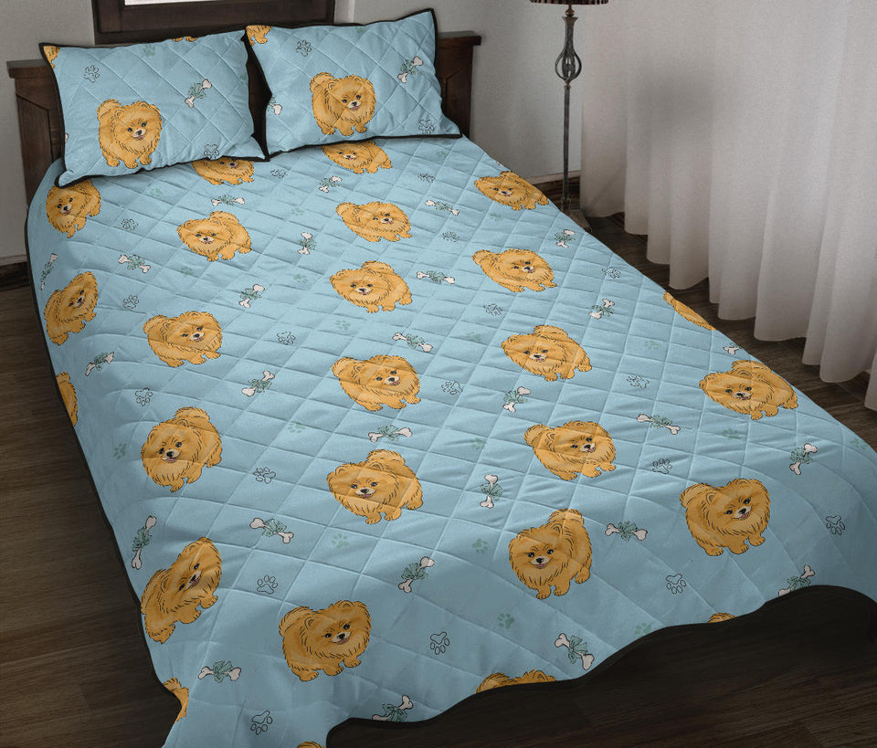 Brown cute pomeranian blue blackground Quilt Bed Set