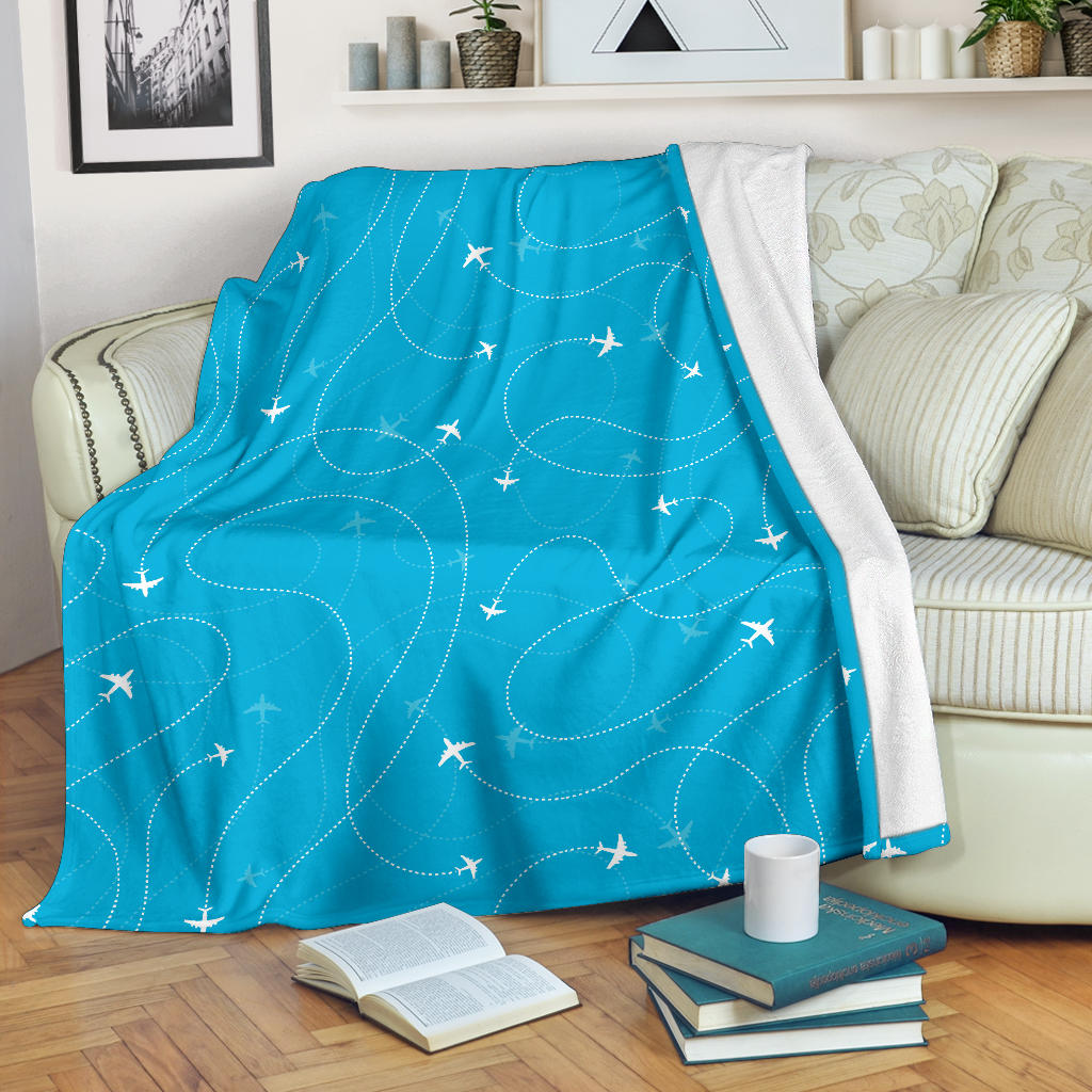 Airplane Destinations Blue Background Premium Blanket