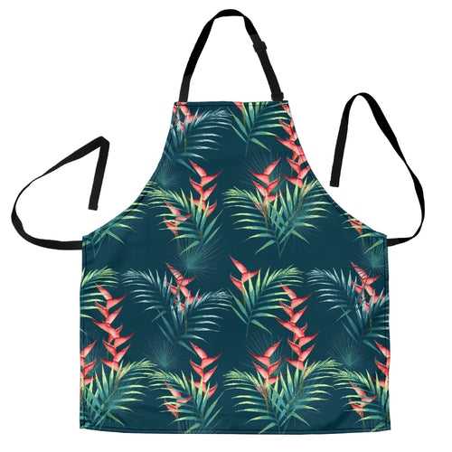 Heliconia Flowers, Palm And Monstera Leaves On Black Background Pattern Adjustable Apron