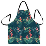 Heliconia Flowers, Palm And Monstera Leaves On Black Background Pattern Adjustable Apron