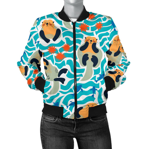 Cute Sea Otters Fishe Sea Urchin Pattern Women'S Bomber Jacket