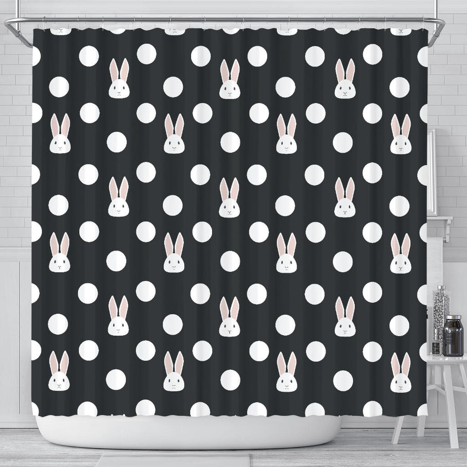 Cute White Rabbit Polka Dots Black Background Shower Curtain Fulfilled In US