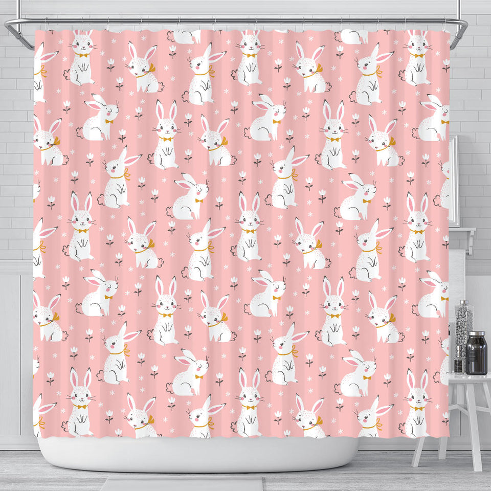 Cute White Rabbit Flower Pink Background Shower Curtain Fulfilled In US