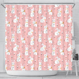 Cute White Rabbit Flower Pink Background Shower Curtain Fulfilled In US