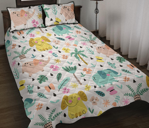 Cute elephants palm tree flower butterfly pattern Quilt Bed Set