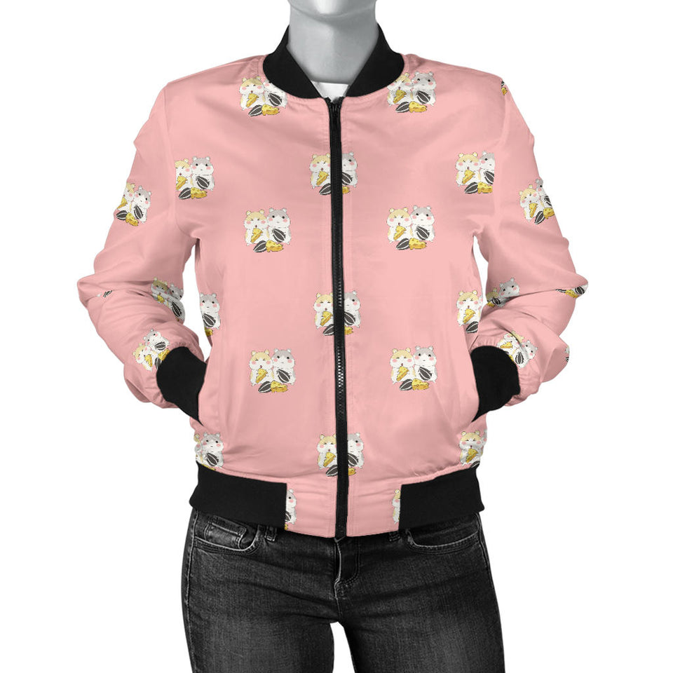 Cute Hamster Cheese Pattern Pink Background Women'S Bomber Jacket
