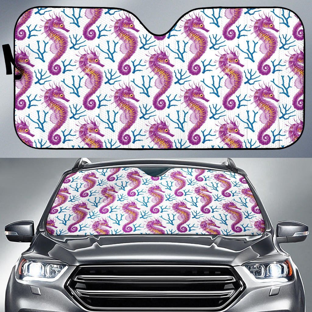 Purple Seahorse Blue Coral Pattern Car Sun Shade