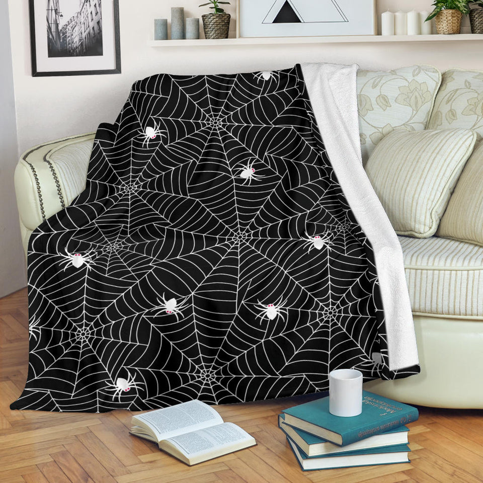 Spider Web Design Pattern Black Background White Cobweb Premium Blanket
