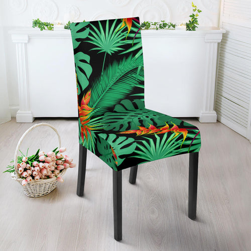 Heliconia Flower Palm Monstera Leaves Black Background Dining Chair Slipcover