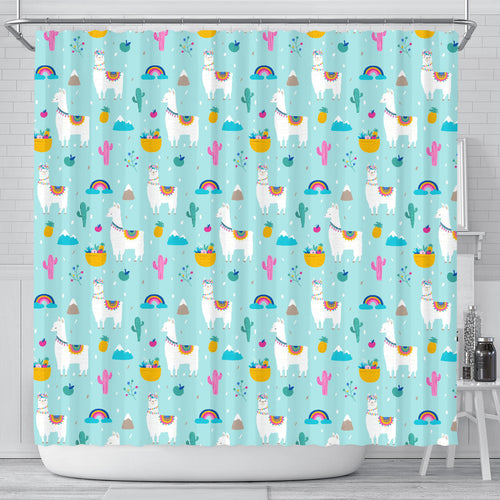 Llama Alpaca Cactus Leaves Pattern Shower Curtain Fulfilled In US