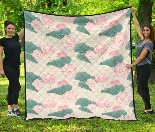 Pink Lotus Waterlily Leaves Pattern Premium Quilt