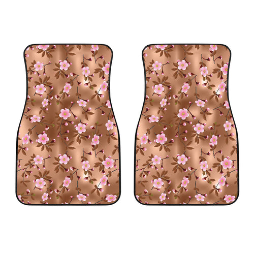 Pink Sakura Cherry Blossom Drak Brown Background Front Car Mats