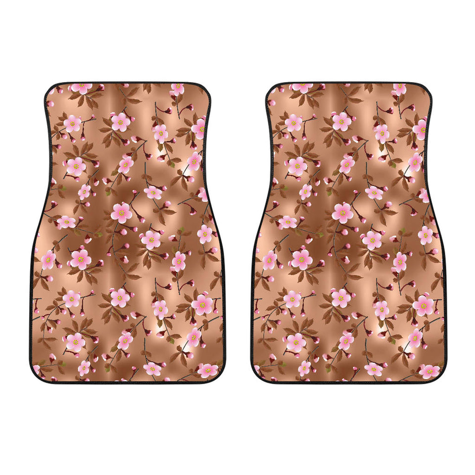 Pink Sakura Cherry Blossom Drak Brown Background Front Car Mats