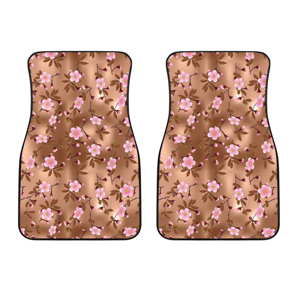 Pink Sakura Cherry Blossom Drak Brown Background Front Car Mats