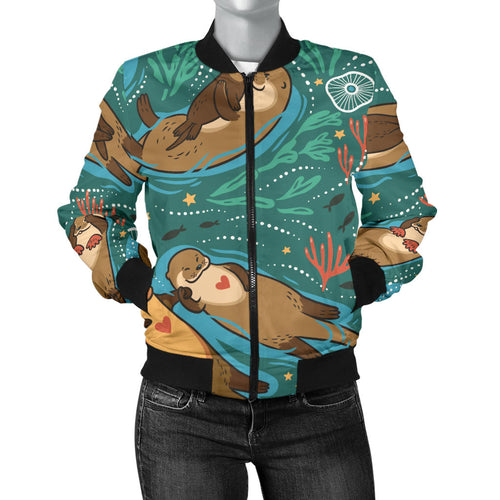 Cute Brown Sea Otters Ornawomen'Stal Seaweed Corals Green Water Women'S Bomber Jacket