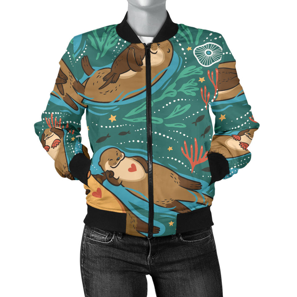 Cute Brown Sea Otters Ornawomen'Stal Seaweed Corals Green Water Women'S Bomber Jacket