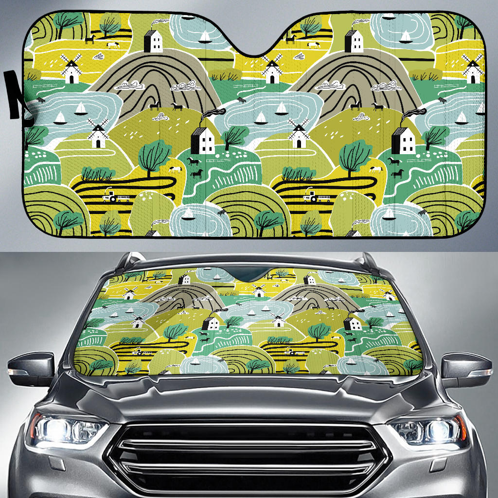 Hand Drawn Windmill Pattern Car Sun Shade
