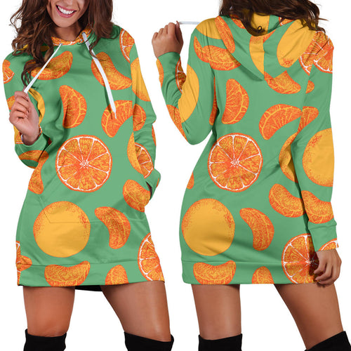Orange Fruit Pattern Green Background Women'S Hoodie Dress