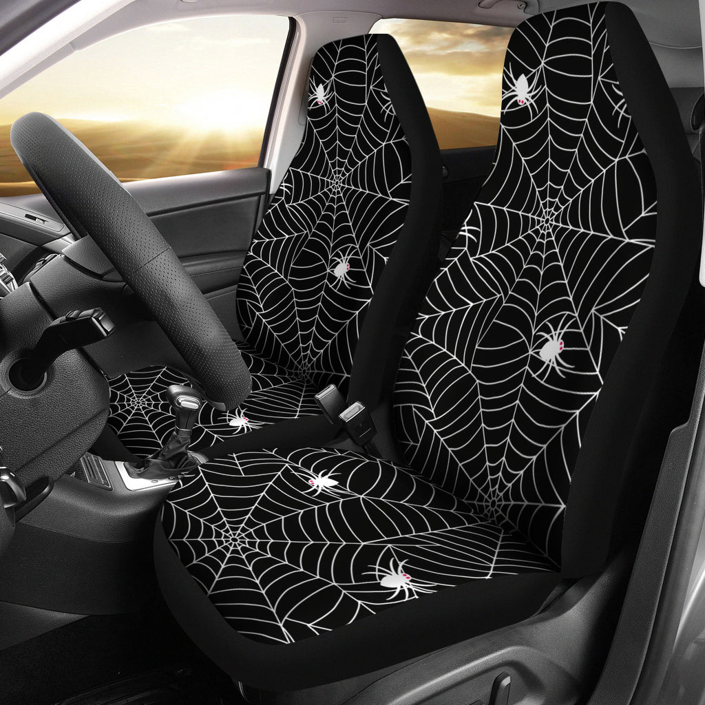 Spider Web Design Pattern Black Background White Cobweb Universal Fit Car Seat Covers