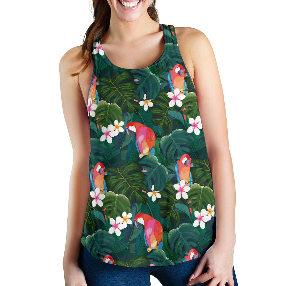 Parrot Palm tree leaves flower hibiscus pattern Women Racerback Tank Top