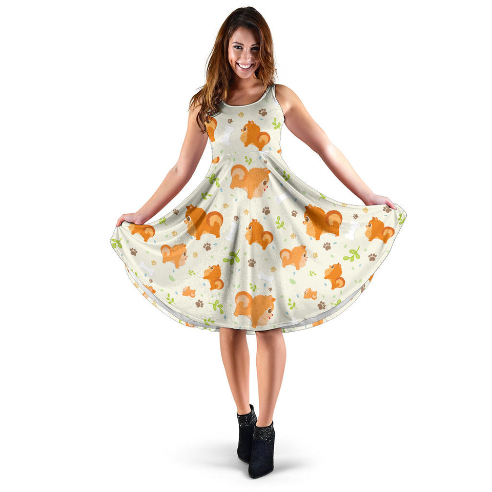 Cute Brown Pomeranian Paw Leave Bone Pattern Sleeveless Midi Dress