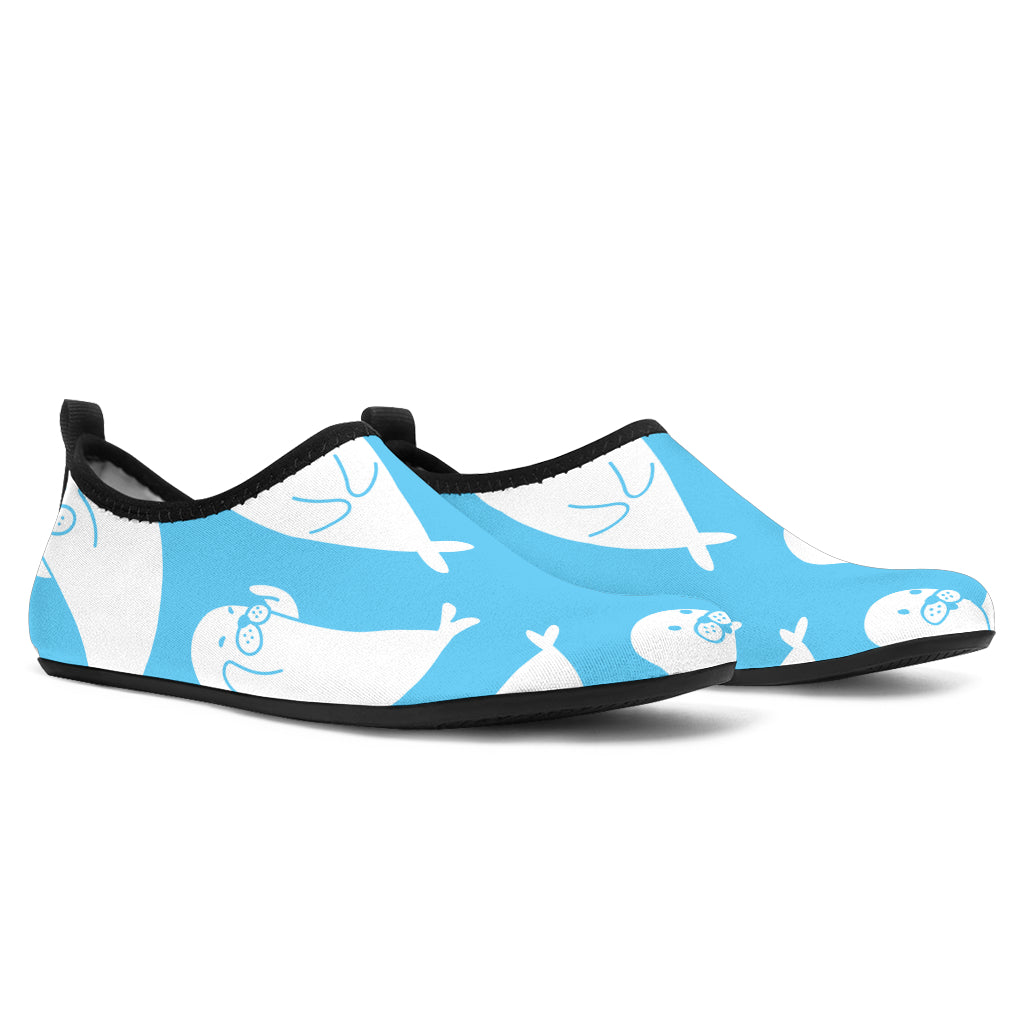 Cute White Sea Lion Seals Pattern Aqua Shoes