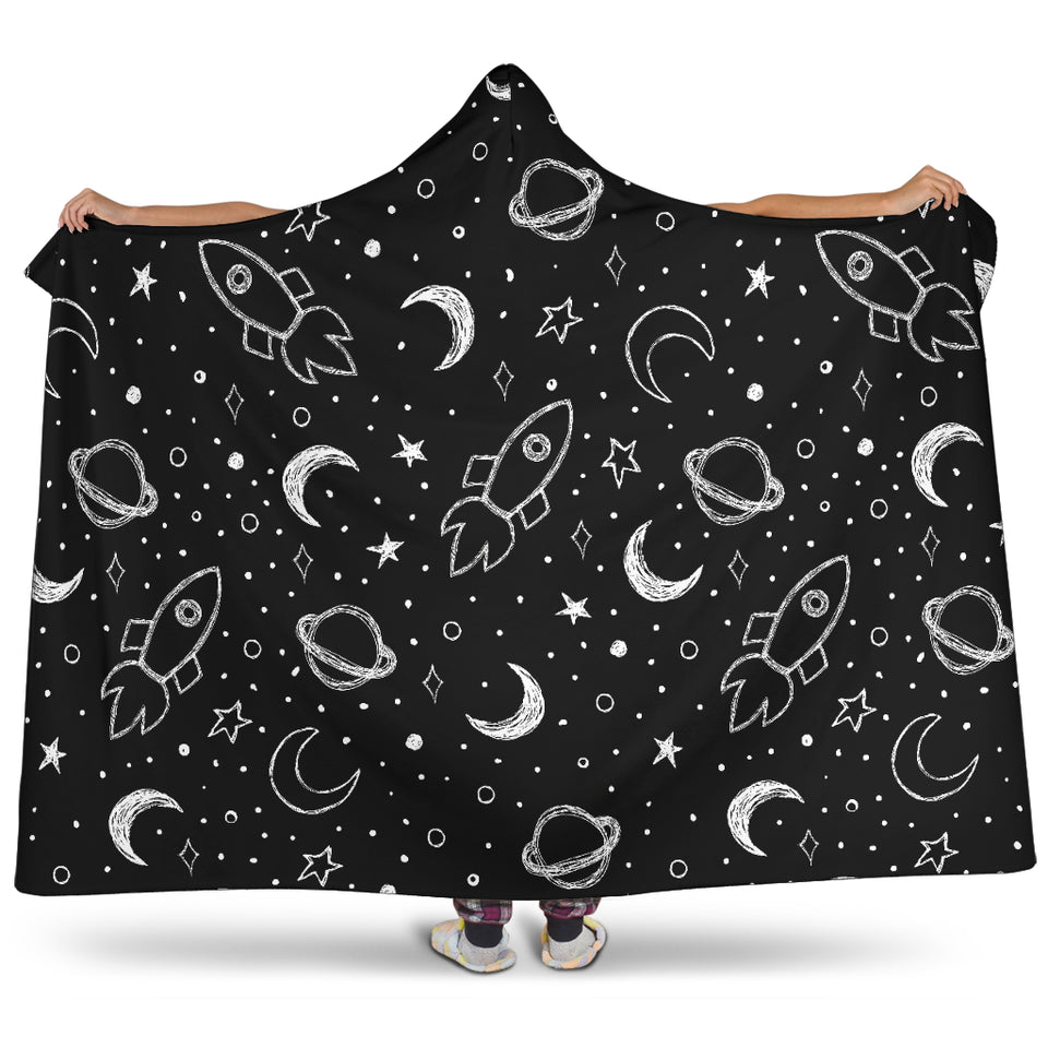 Hand Drawn Space Rocket Star Planet Hooded Blanket