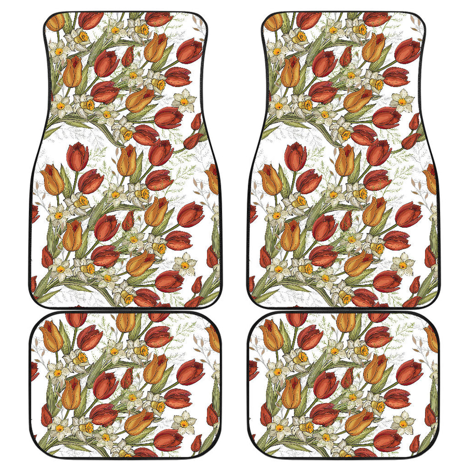 Red Tulips And Daffodils Pattern Front And Back Car Mats