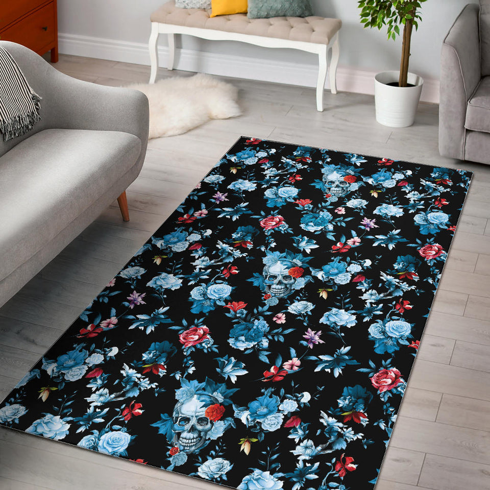 Skull Flower Roses Leave Pattern Area Rug