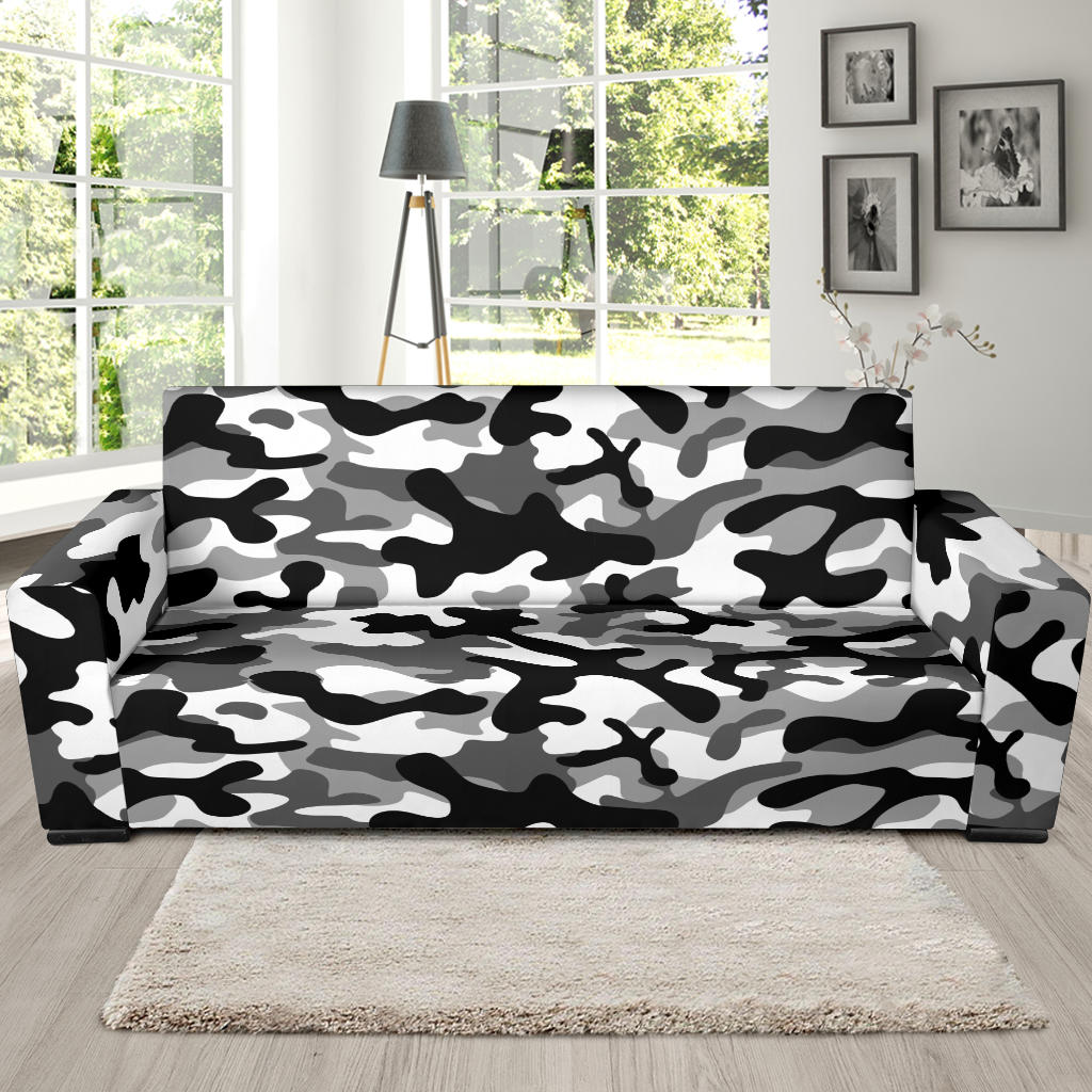 Black White Camo Camouflage Pattern Sofa Slipcover