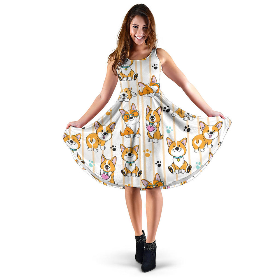 Cute Dog Corgi Striped Background Pattern Sleeveless Midi Dress