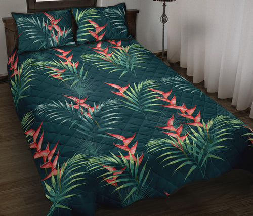 heliconia flowers, palm and monstera leaves on black background pattern Quilt Bed Set