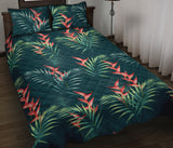 heliconia flowers, palm and monstera leaves on black background pattern Quilt Bed Set