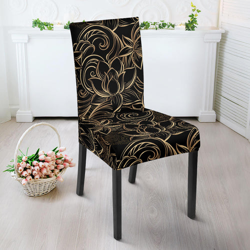 Luxurious Gold Lotus Waterlily Black Background Dining Chair Slipcover