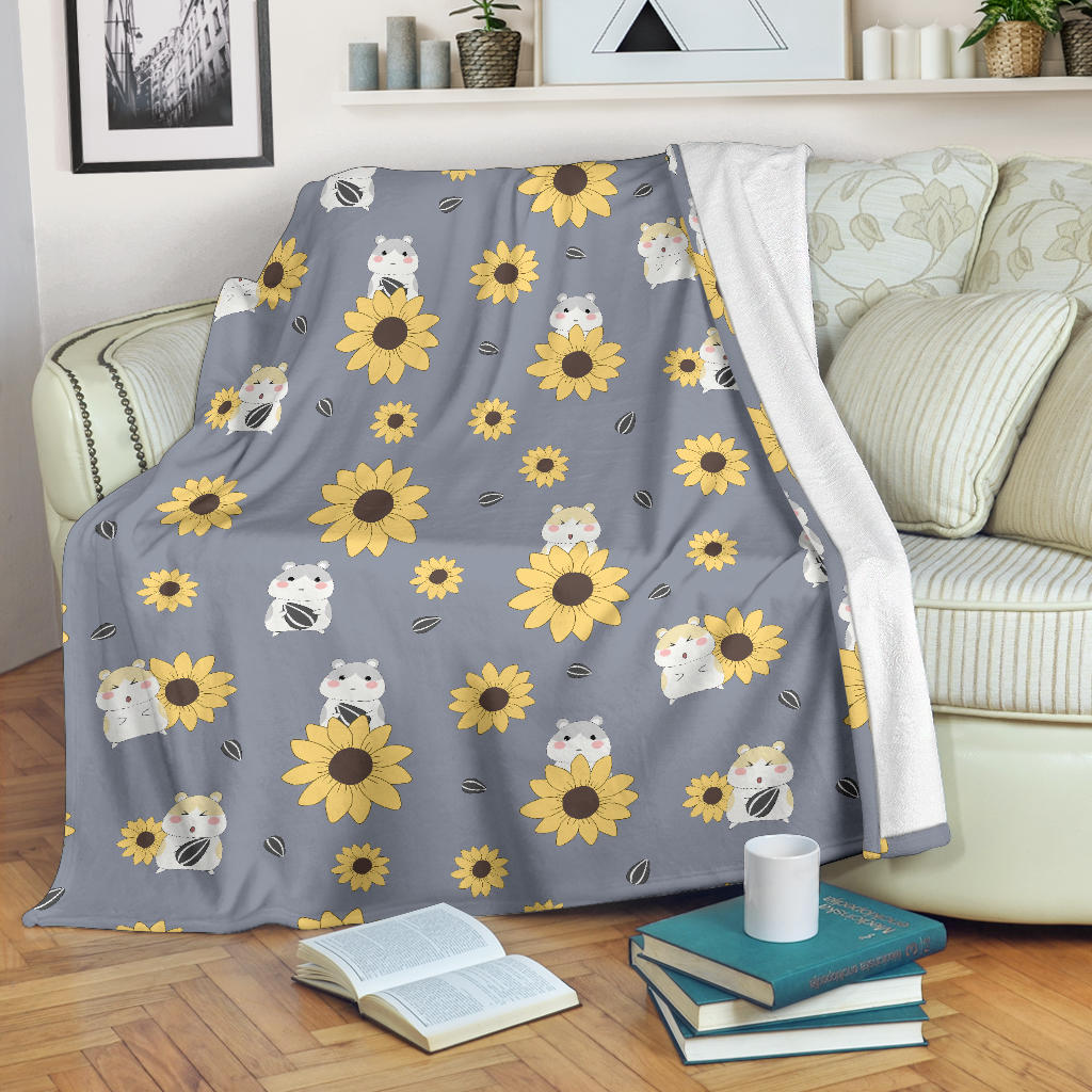 Cute Hamster Sunflower Pattern Background Premium Blanket