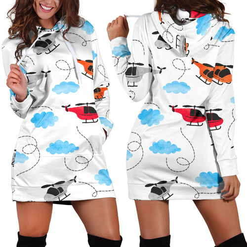 Watercolor Helicopter Cloud Pattern Women'S Hoodie Dress