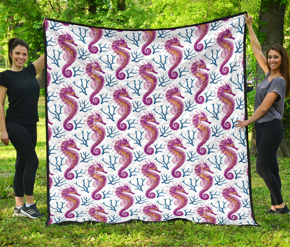 Purple Seahorse Blue Coral Pattern Premium Quilt