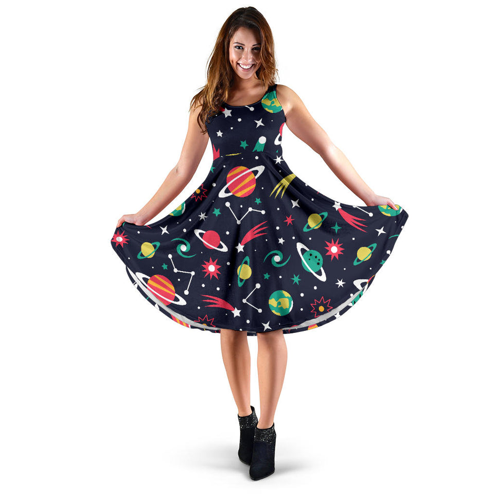 Colorful Space Pattern Planet Star Sleeveless Midi Dress