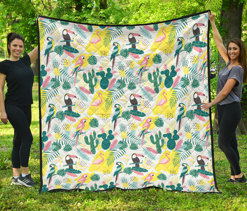 Cute Parrot Toucan Flamingo Cactus Exotic Leaves Pattern Premium Quilt