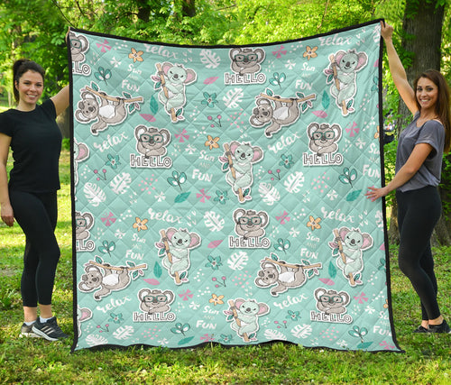 Cute Koalas Blue Background Pattern Premium Quilt