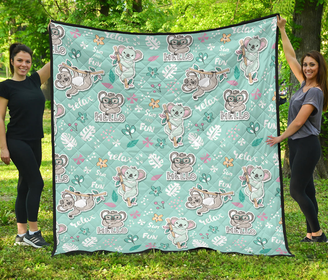 Cute Koalas Blue Background Pattern Premium Quilt