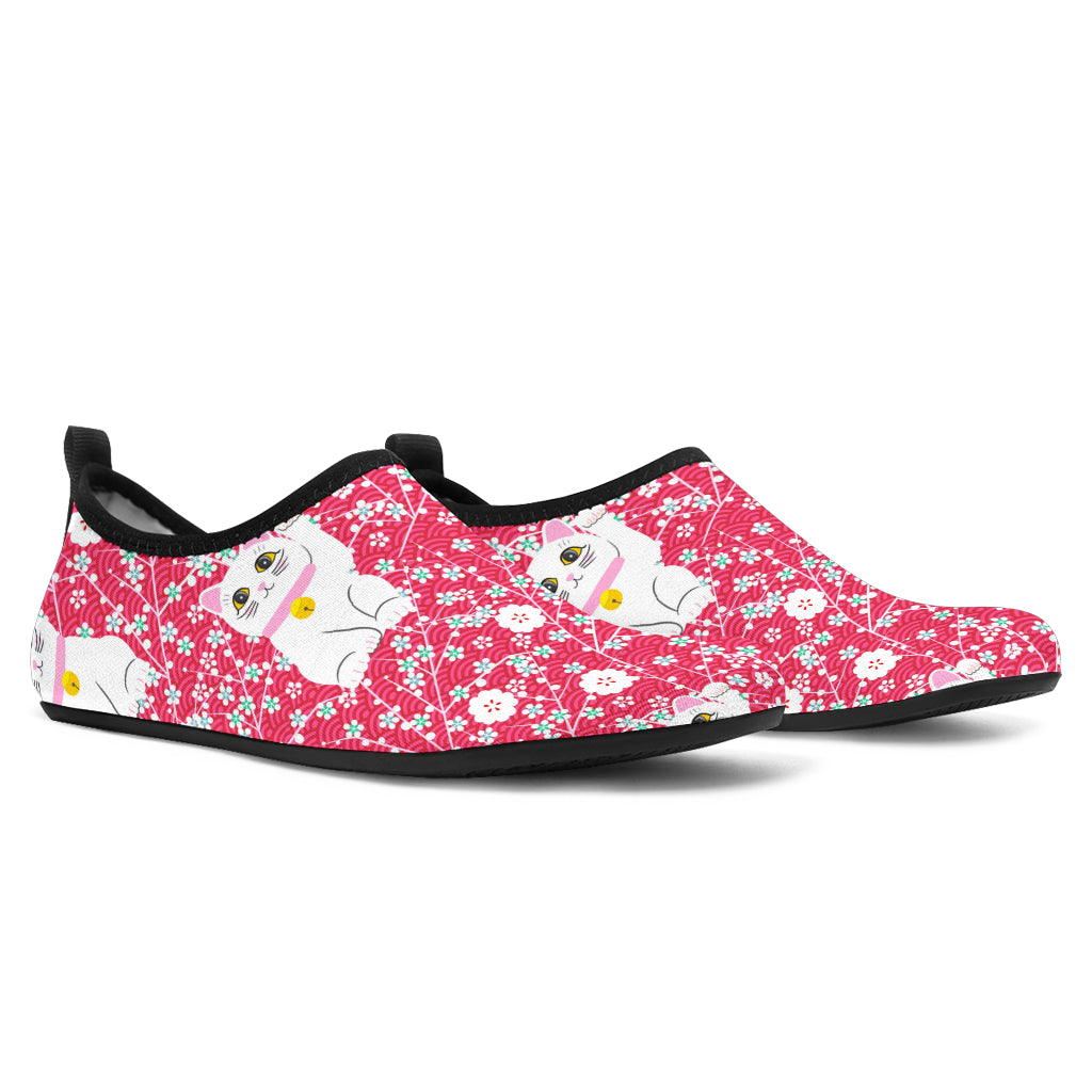 Maneki Neko Lucky Cat Sakura Pink Background Aqua Shoes