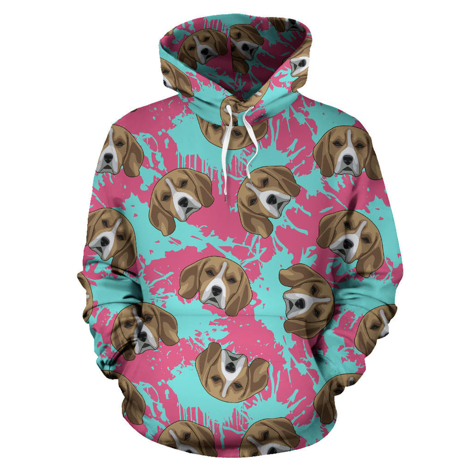 Beagle Muzzles Turquoise Paint Splashes Pink Pattern Men Women Pullover Hoodie