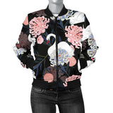 White Swan Blooming Flower Pattern Women'S Bomber Jacket