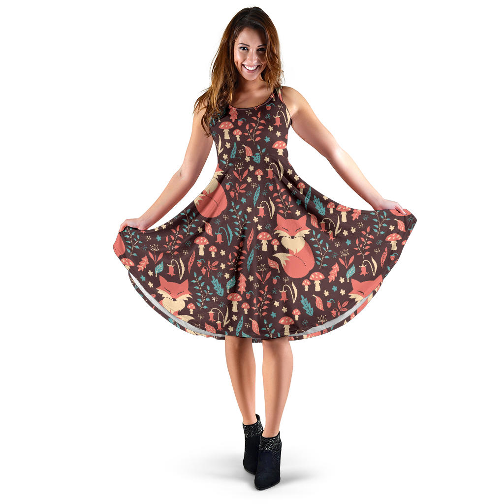 Fox Leaves Mushroom Pattern Sleeveless Midi Dress