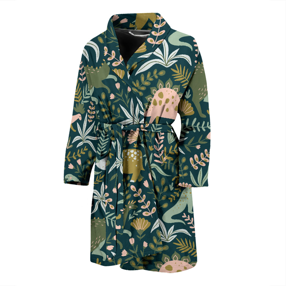 Dinosaurs Tropical Leaves Flower Pattern Men'S Bathrobe