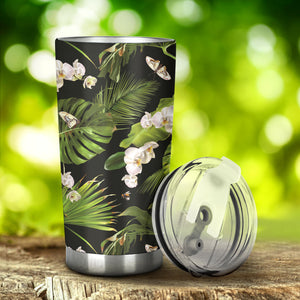 White Orchid Flower Tropical Leaves Pattern Blackground Tumbler